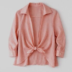 POPVIL Pink Striped Tie Front Blouse Cottagecore Coastal Cover Up